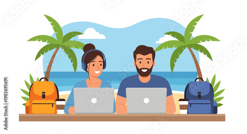 Remote workers on tropical beach vacation.