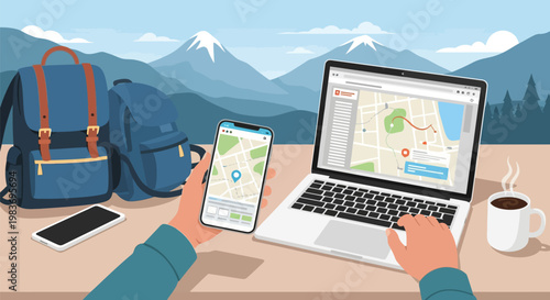 Person using laptop and smartphone for travel planning with backpack and coffee.