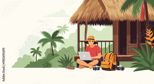 Man working on laptop at tropical hut.
