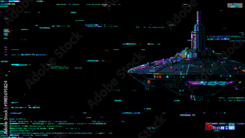 Spaceship in glitch style against dark background. Futuristic alien vessel with digital noise effect and data pixel distortion. Cyberpunk science fiction concept for screen interface.