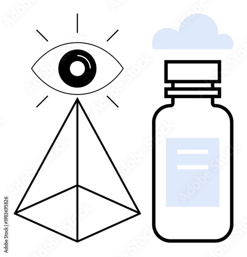 Spirituality, holistic health, modern medicine, vision, mindfulness, wellness. Eye atop pyramid next to a medicine bottle under a cloud. Spirituality and holistic health concept