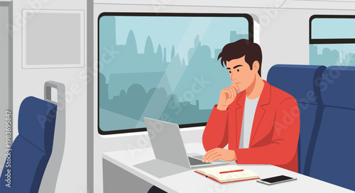 Man working on laptop in train.