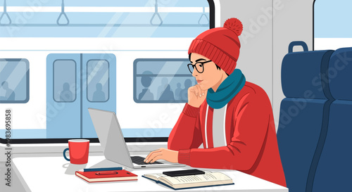 Woman working on laptop during train commute.