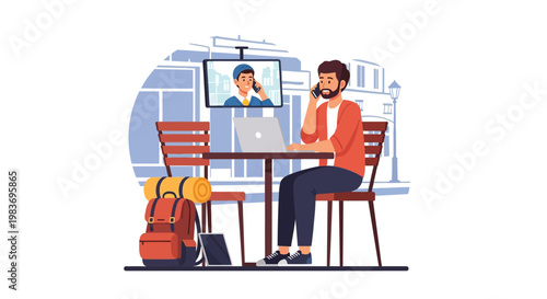 woman sitting at a table with laptop and talking on phone.