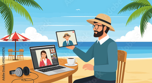 Man on beach working remotely with laptop and tablet.