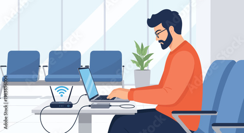 Man working on laptop in waiting area.