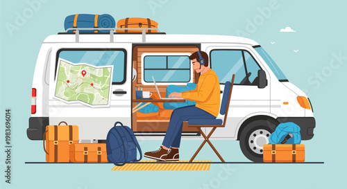 Man sitting in front of a camper van.