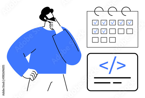 Productivity, task management, web development, coding, software planning, strategic thinking. A person pondering near a calendar and code symbol. Productivity and task management visualization