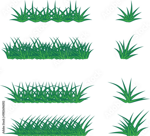 Green grass silhouette. Cartoon lines of plants and shrubs for boarding and framing, eco and organic logo element. Vector set spring field planting shapes lawn or borders garden on white background