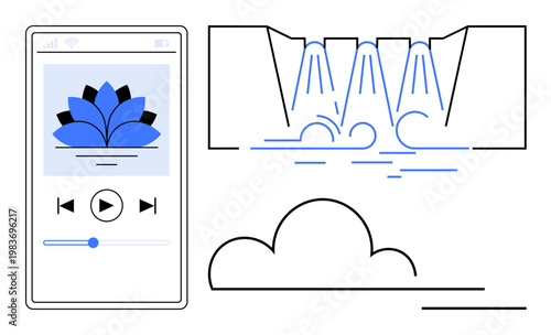 Mobile apps, user interface design, meditation tools, nature inspiration, relaxation , digital productivity. Smartphone screen with a music app, waterfalls and cloud icon. Mobile apps and user