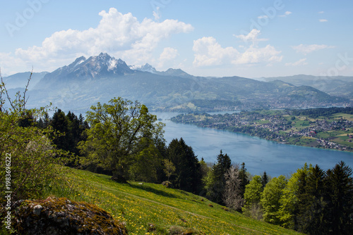 Foto Swiss countryside with Lake Lucerne and mount Pilatus from Seebodenalp (Rigi), S