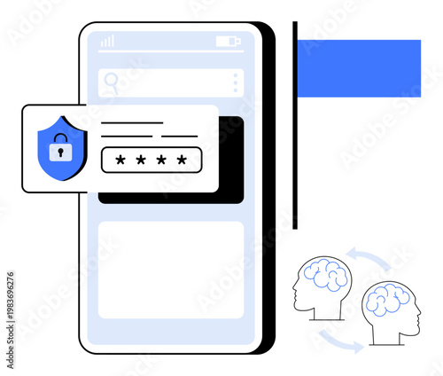 Cybersecurity, identity verification, digital interaction, human cognition, online privacy, data protection. Smartphone with padlock shield and brains. Cybersecurity and identity verification concept