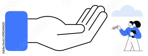 Support, teamwork, collaboration, mentorship, partnership, guidance. An open hand and a professional woman holding a clipboard while pointing. Support and teamwork as primary concepts