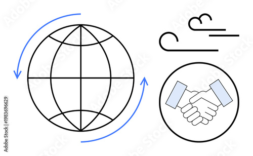 Global cooperation, sustainable energy, ecology, renewable resources, teamwork, climate action. A globe, handshake and wind symbols eco-conscious collaboration. Global cooperation and sustainable