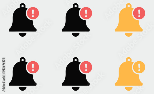 Warning notification bell icon in flat style, emergency alert sign symbol, notification system indicator, security alert message icon for mobile app and web interface design.