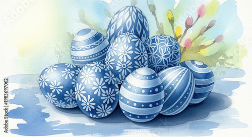 Pile of ornately decorated blue Easter eggs with floral and striped patterns in watercolor illustration style perfect for holiday designs