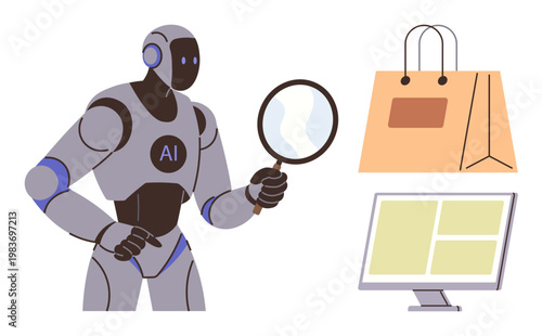 E-commerce analysis, artificial intelligence, online retail, technology innovation, data monitoring, shopping trends. A robot holds a magnifying glass near a bag and monitor. E-commerce analysis