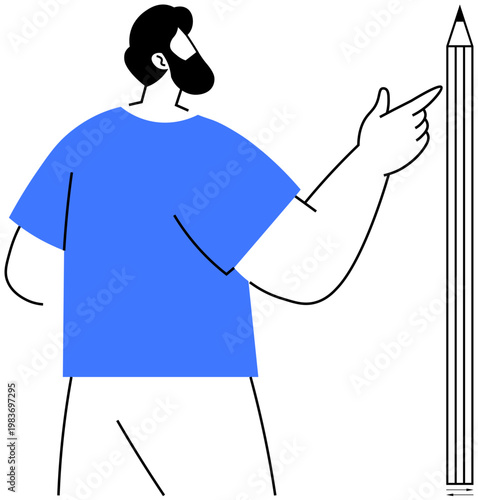 Creativity, education, design, inspiration, instruction, art concepts. A person pointing at a tall pencil in a line art style. Creativity and education through bold, minimal imagery