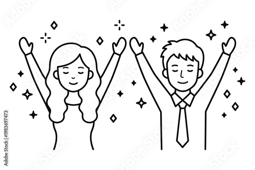 Joyful couple celebrating with raised arms and sparkles celebration happiness sparkles illustration achievement
