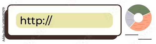 Internet usage, web development, data analytics, online research, digital marketing, technology. Address bar with HTTP and pie chart graphic. Internet usage and web development concept