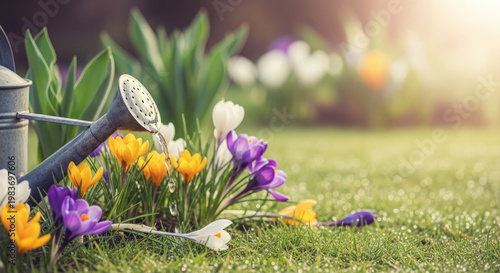 Watering can sprinkling water on vibrant colorful spring crocus flowers in a grassy garden under bright sunlight
