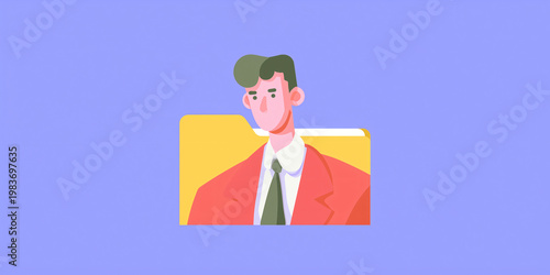 Conceptual illustration: a man incorporated into a folder's design, symbolizing data and document storage 