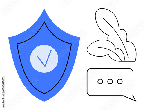 Data safety, trust verification, online communication, security measures, eco-friendly initiatives, digital certifications. Blue shield with checkmark, chat bubble and stylized leaves. Data safety