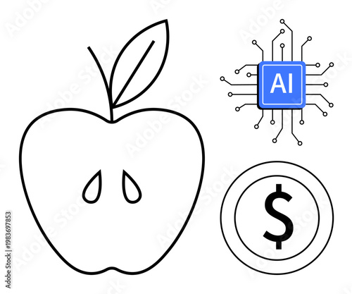 Agriculture, technology, AI innovation, economic growth, investment, sustainability. Line art apple, AI processor and dollar sign circle. Agriculture and technology innovation concept