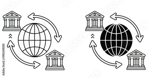 Wire transfer icon set featuring bank transfer arrows, money exchange symbols, secure payment transaction icons, financial digital banking concept illustration