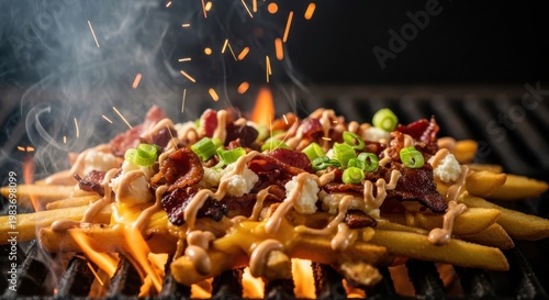 Loaded fries on a grill with bacon and cheese and green onions