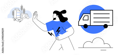 Sustainability, logistics, transportation, agriculture, food supply, eco-friendly practices. A woman gestures between a truck and a farm scene. Sustainability and logistics in agriculture concept