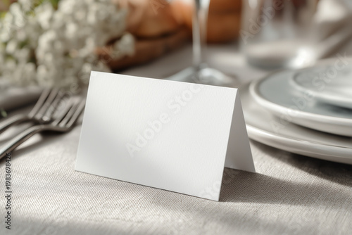 Blank 3.5x2 White Place Card Mockup on a Brunch Table at a Restaurant or Brewery