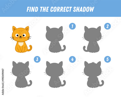 Find correct shadow of cute red kitten. Educational logical game for kids. Cartoon cat. Vector illustration