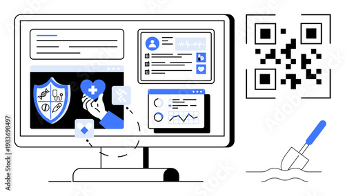 Digital security, health services, technology integration, data analytics, QR scanning, online authentication. A computer screen shows a shield icon, health data, analytics and a QR code nearby