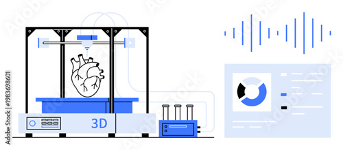 3D printing in medicine. A 3D printer creating a heart model, accompanied by data visualization and test tubes, advancements in 3D printing for healthcare innovations, bioprinting, and diagnostics
