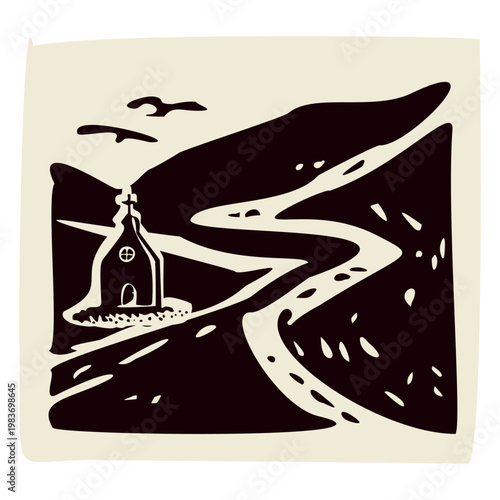 Pilgrimage scene of little monastery church on the pilgrims way route. Black and white simple hand drawn illustration for religious faith based icon.