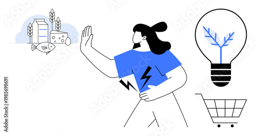 Sustainability, healthy living, energy conservation, conscious consumerism, environmental impact, eco-friendly solutions. Woman rejecting unhealthy food, with symbols of energy and grocery choices