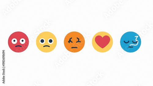 Colorful Flat Emoji Set Showing Various Emotions on White Background