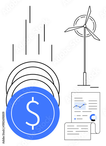 Renewable energy, sustainability, financial investments, green energy, eco-friendly technology, analytics. Wind turbine, coins and financial document . Renewable energy and sustainability concept
