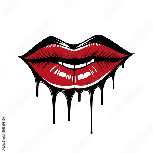 Red dripping lips illustration glossy lipstick style bold pop art design