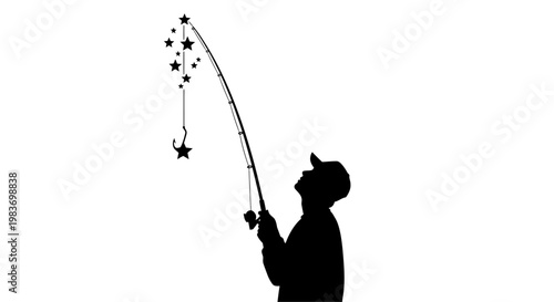 Silhouette of a boy catching stars with a fishing rod.
