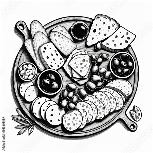 Charcuterie board platter line art illustration cheese bread olives black and white food design