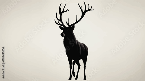 Majestic deer silhouette with large antlers, black buck stag vector illustration, wild forest animal standing on neutral background