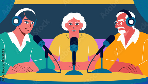 Multigenerational podcast hosts with headphones discussing topics at a table, featuring microphones and colorful background elements in a studio setting