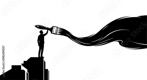 Man holding giant toothbrush on city rooftop.