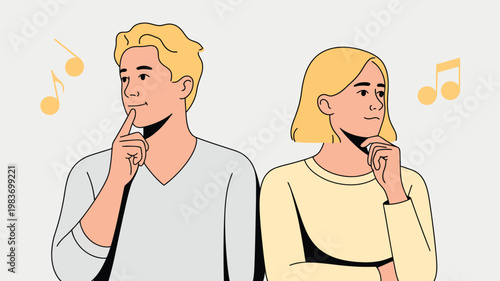 Minimalist flat vector illustration of a young couple thinking, man and woman with music notes, concept of creative inspiration and melody