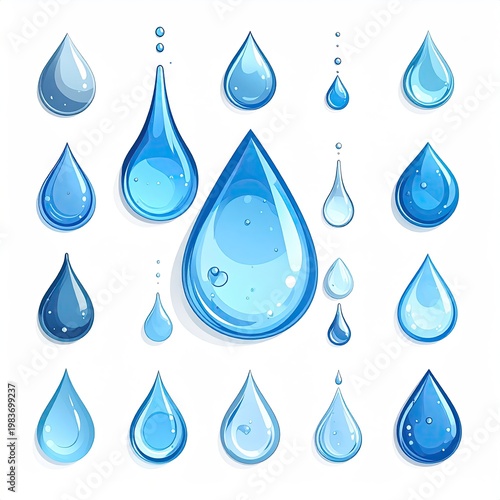 Glossy water droplets vector illustration set in various shapes and sizes aqua liquid dew collection blue fluid design elements