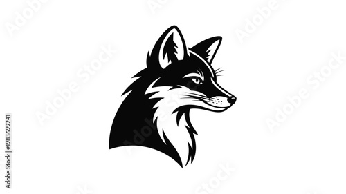 Minimalist fox head vector illustration, black and white wild animal profile logo, stylized forest predator mascot for branding and outdoors apparel