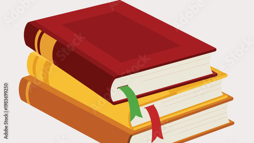 Stack of three hardcover books with bookmarks, educational textbook collection in flat vector style, academic literature and library reading concept