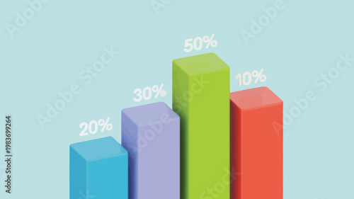 Isometric 3D bar chart with percentage labels, colorful financial data graph, business growth statistics visualization on blue background